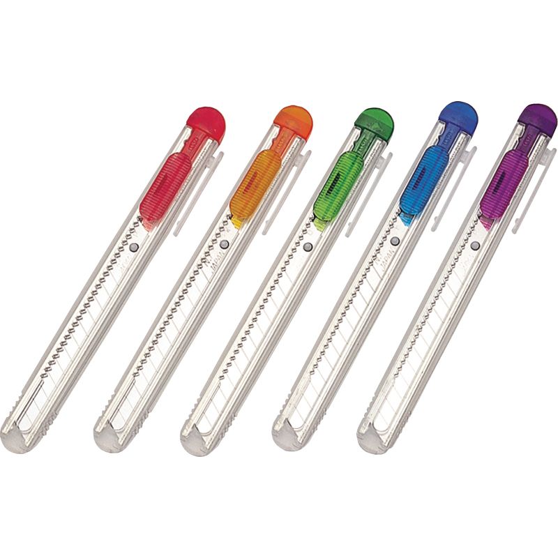 Нож канцелярский малый, лезвие 9 мм, металлические направляющие, пластиковый корпус прозрачный, угол лезвия 58 градусов