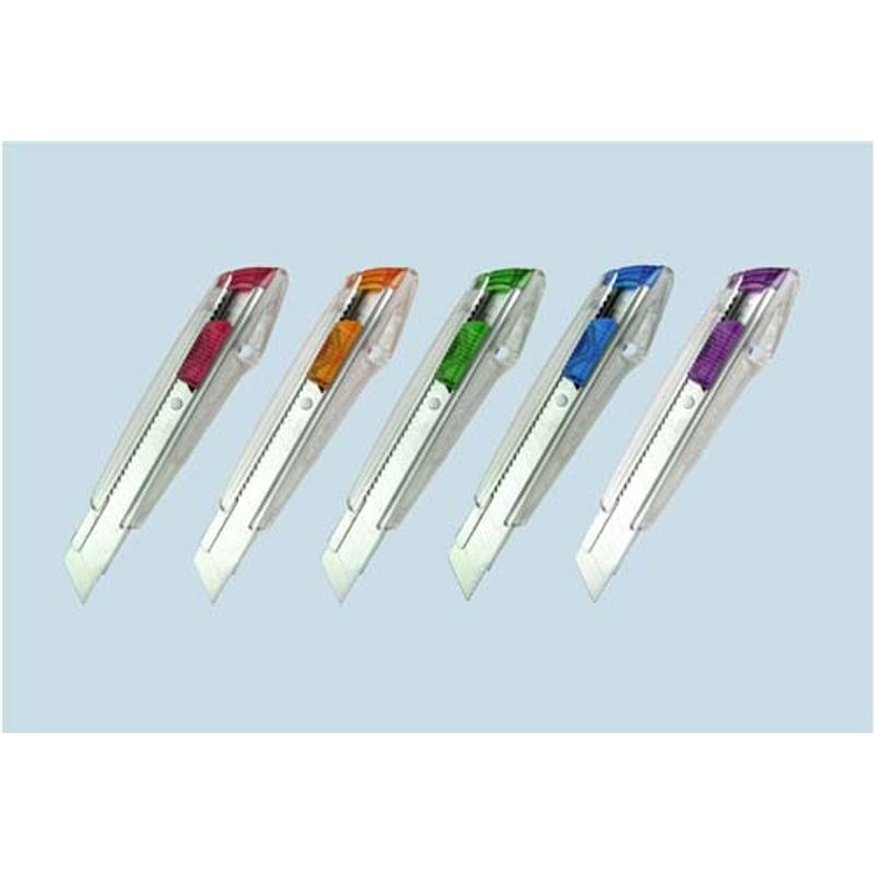 Нож канцелярский большой, лезвие 18 мм, металлические направляющие, пластиковый корпус прозрачный, АВТОLOCK, угол лезвия 58 градусов