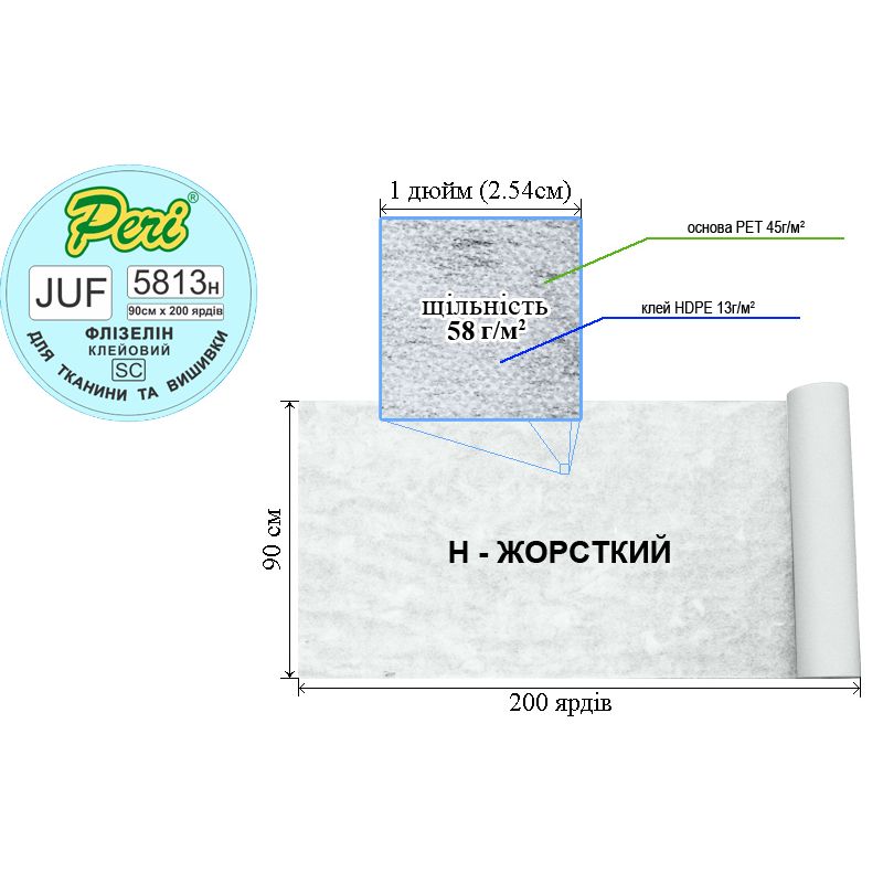 Флизелин клеевой для вышивки, 58г(45+13), 90 см х 200 ярдов, белый, Н-жесткость, ПЕT 100%, вес брутто 9,57 кг