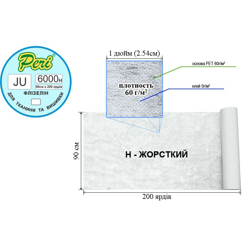 Флизелин д / вышивки нк. 60г (60 + 0), 90см х200., Белый, Н-жест., ПЕT 100%, вес брутто: 9, 90кг