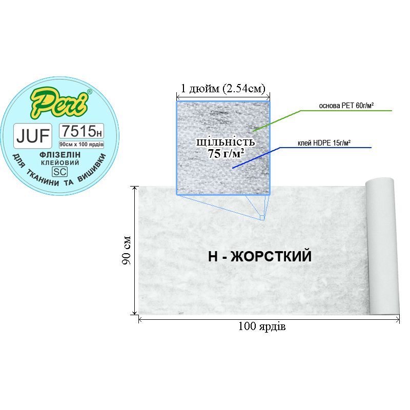 Флизелин клеевой для вышивки, 75г(60+15), 90 см х 100 ярдов, белый, Н-жесткость, ПЕT 100%, вес брутто 6,19 кг