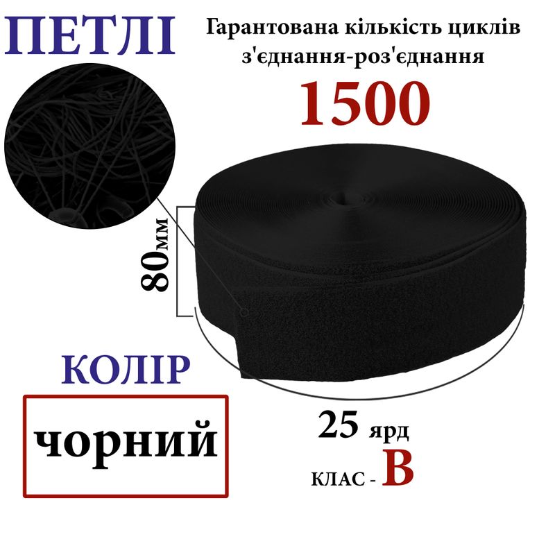 Липучка текстильная 80мм х 25яр. (001) петли (1ящ. =12 боб. )полиэстер/нейлон, черная