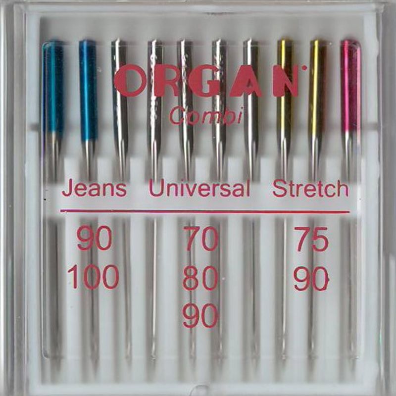 Иглы комби № MIX, OR: Jean-90 (1) / 100 (1) + UNI-70 (1) / 80 (2) / 90 (2) + Stretch-75 (2) / 90 (1), 1уп. = 10