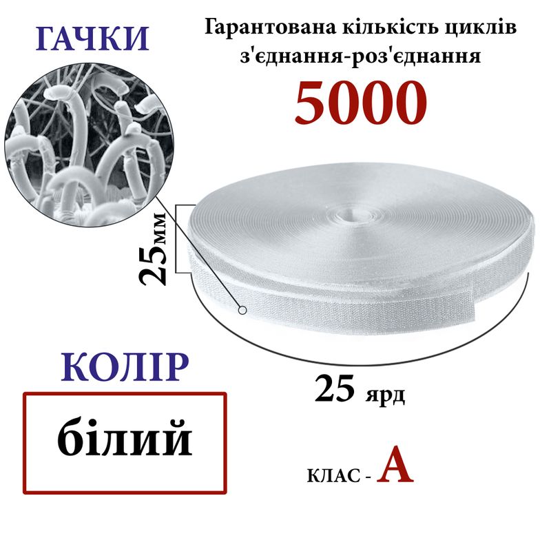 Липучка текстильная А 25мм х 25 ярдов. (000) крючки (1ящ. =40 боб. ), 100% нейлон, белый