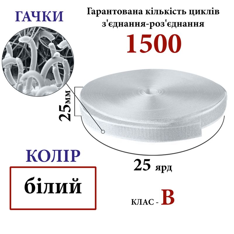 Липучка текстильная 25мм х 25яр. (000)крючки (1ящ. =40 боб. )полиэстер/нейлон, белая