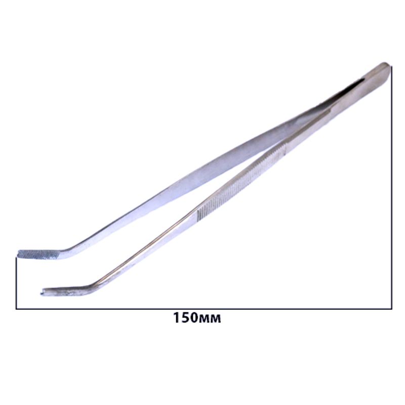 Пинцет с изогнутыми кончиками 150мм, рифленые ручки, нержавеющие, вес 17гр.