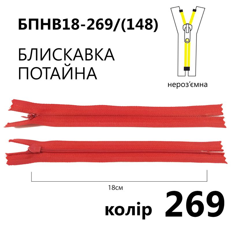 Молния потайная, неразъемная, витая, T3, 18 см, нейлон, 269 (148) - красный