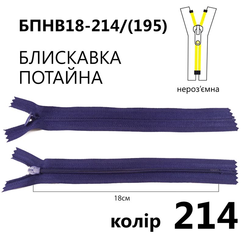 Молния потайная, неразъемная, витая, T3, 18 см, нейлон, 214 (195) - баклажанных