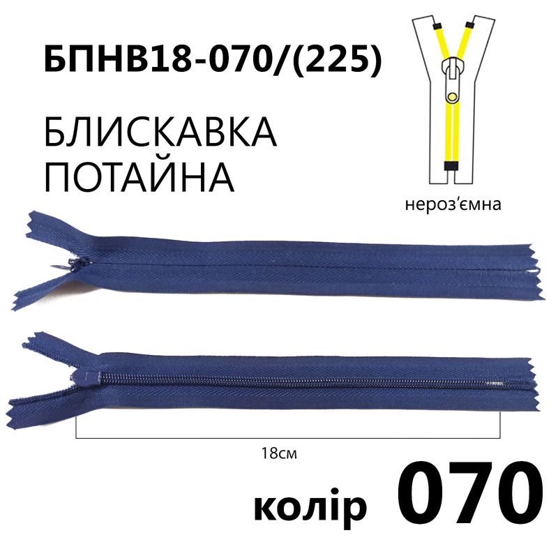 Молния потайная, неразъемная, витая, T3, 18 см, нейлон, 070 (225) - синий