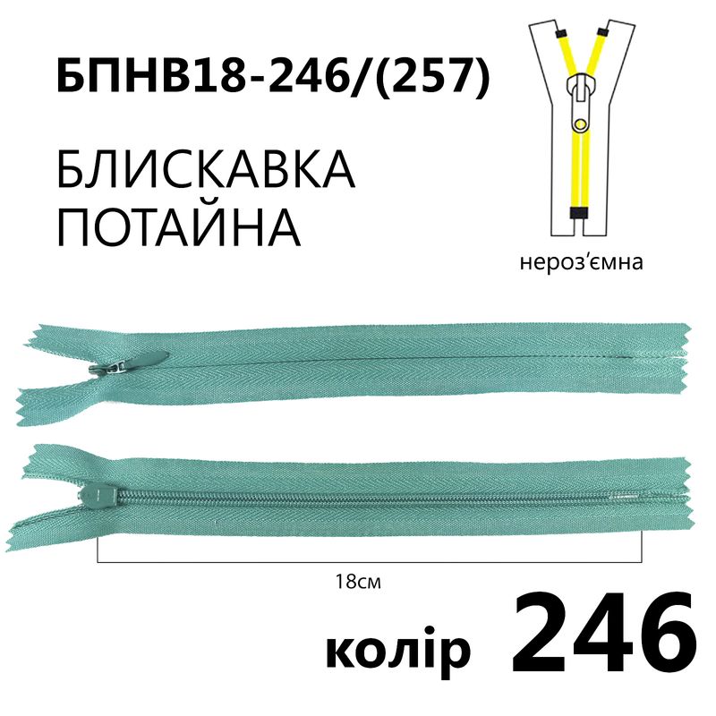 Молния потайная, неразъемная, витая, T3, 18 см, нейлон, 246 (257) - бирюзовый