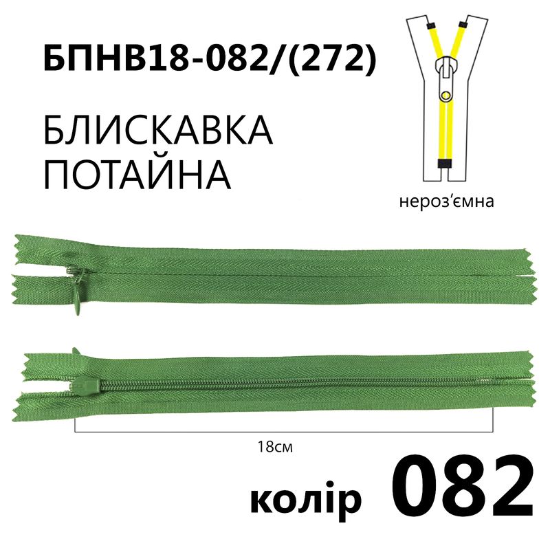 Молния потайная, неразъемная, витая, T3, 18 см, нейлон, 082 (272) - малахит