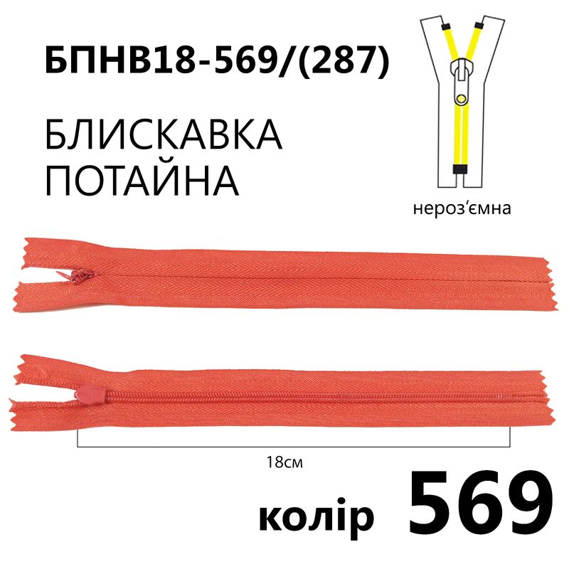 Молния потайная, неразъемная, витая, T3, 18 см, нейлон, 569 (287) - киноварь