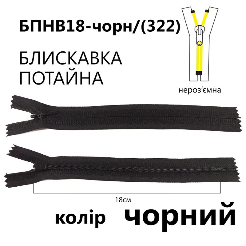 Молния потайная, неразъемная, витая, T3, 18 см, нейлон, черный (322)