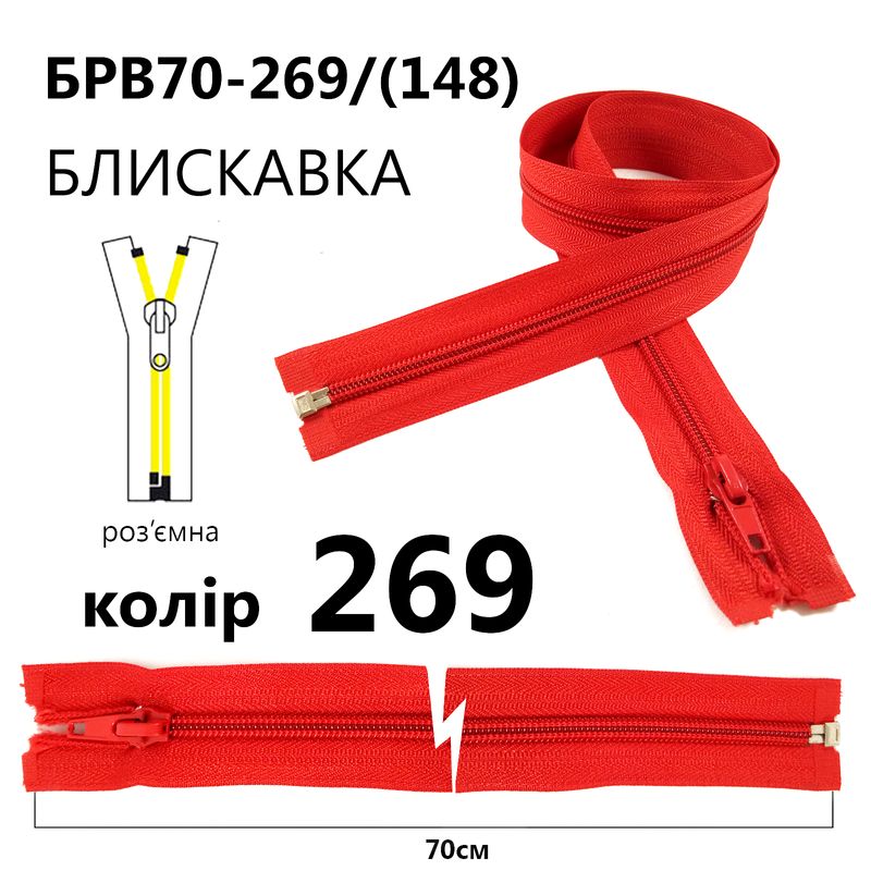 Молния, разъемная с правая, витая, спиральная, Т5, 70 см, нейлон, 011(148) - красный