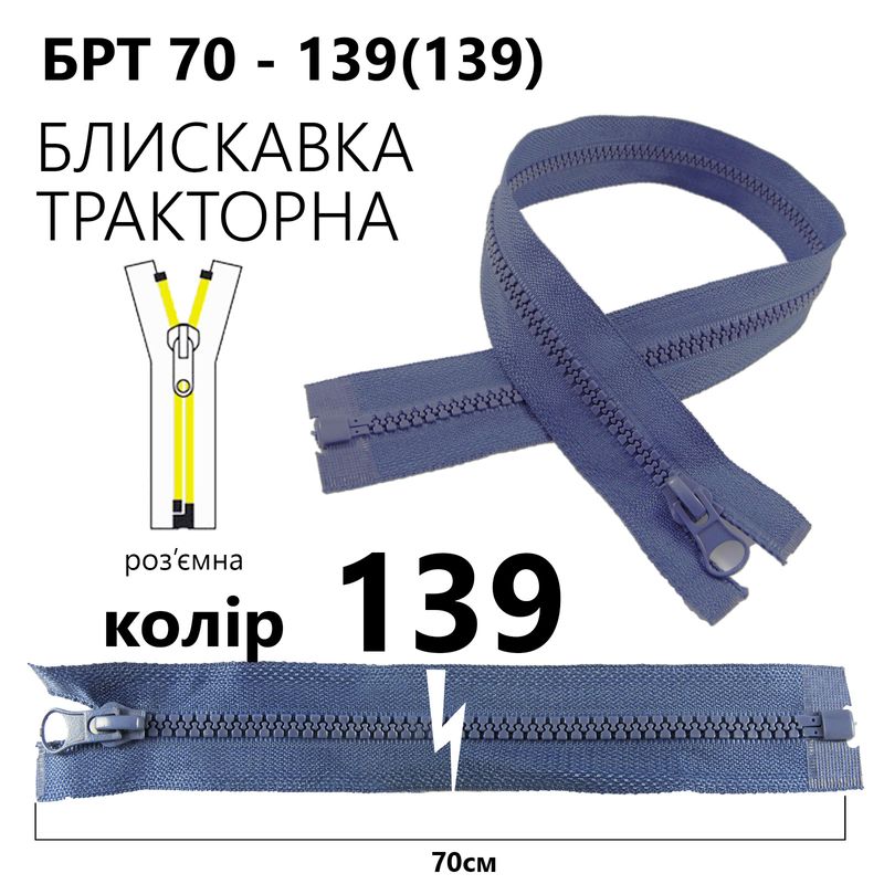 Молния, разъемная справа, тракторная, T5, 70 см, нейлон, 139 (139) - джинсовый