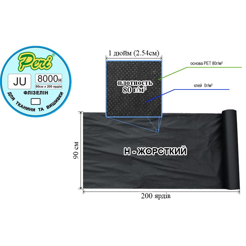 Флизелин не клеевой для вышивки 80г (80 + 0), 90 см х 200 ярдов, черный, Н-жесткость, ПЕT 100%, вес брутто: 13,19 кг
