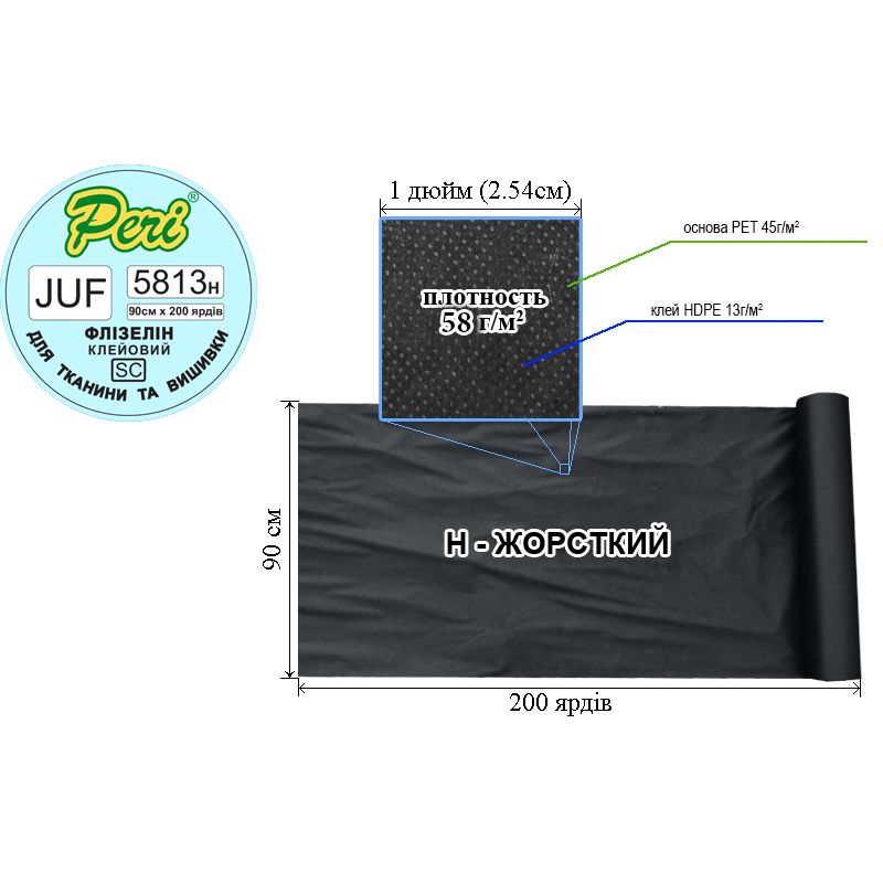 Флизелин д / вышивки клей. 58г (45 13), 90смх200я., Н-жест., ПЕT100%, вес брутто: 9, 57кг, черный