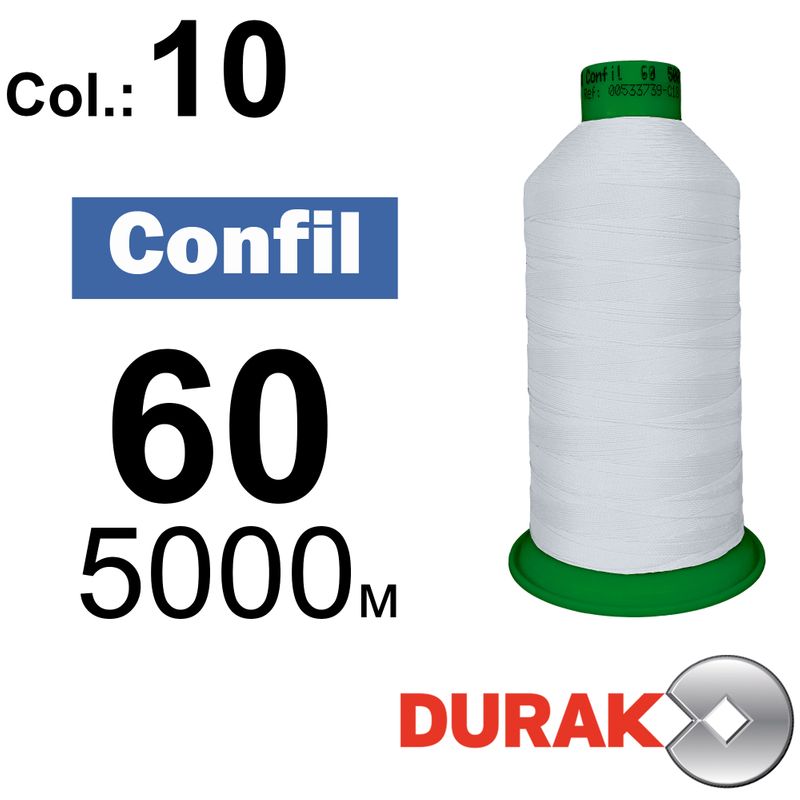 Нитки сверхпрочные, Confil, полиэстер, N60 (45tex), длина 5000 м., цвет 04(10)-белая колонка 1