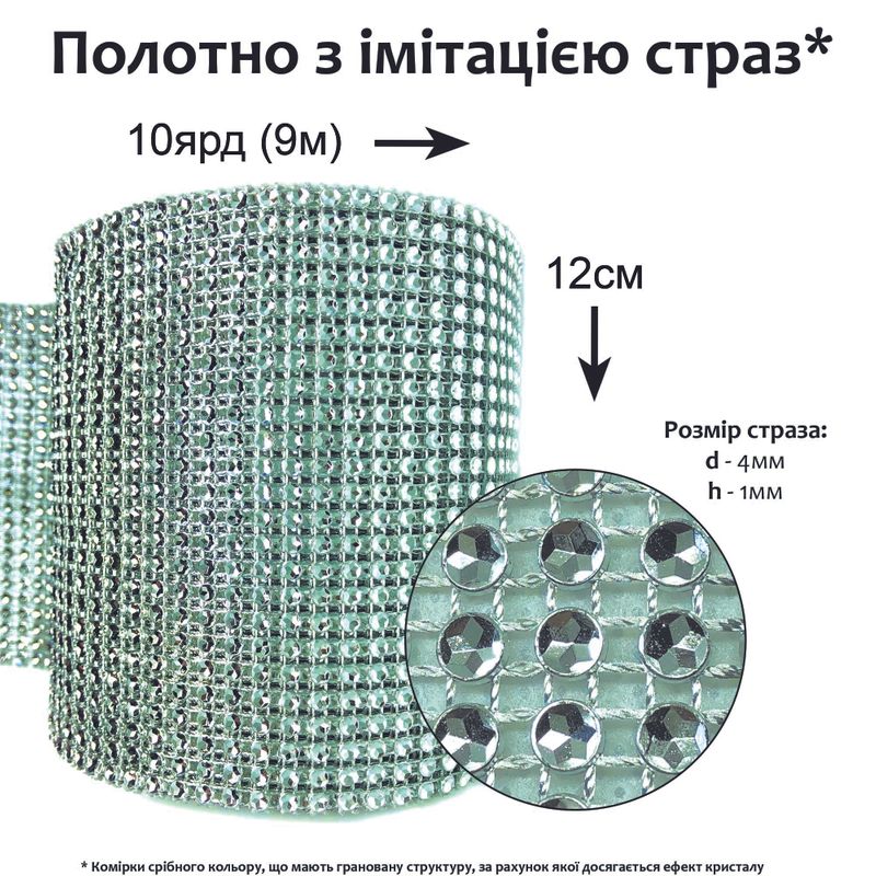 Стразовое полотно, пластиковая сетка (сер) с имитацией страз, 12см х 10ярд, серебро