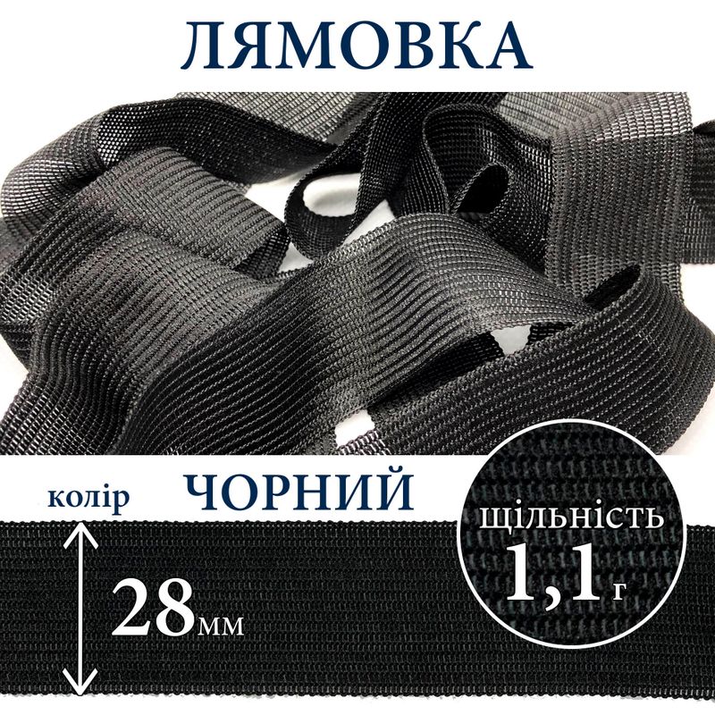 Лямовка тесьма окантовальная (обтачка), полиэстер, 28мм, плотность 1, 1г, вес 300г (100м), черная