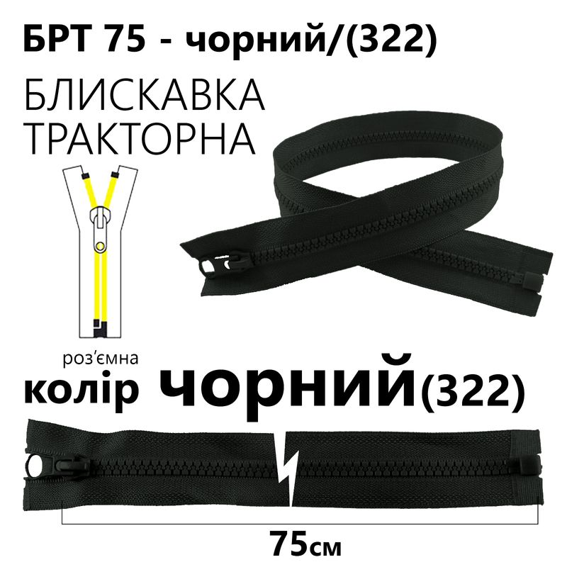 Молния, разъемная справа, тракторная, T5, 75 см, нейлон, черный (322)