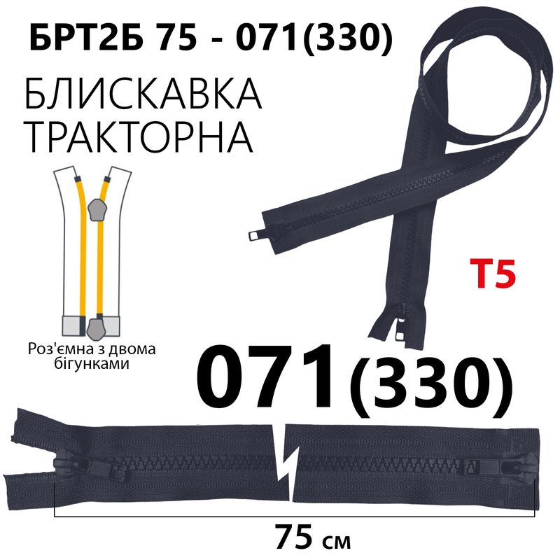 Молния, разъемная справа, тракторная, на 2 бегунка, T5, 75 см, нейлон, 071 (330) - тем. синий