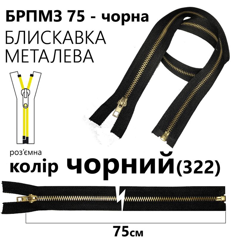 Молния, разъемная справа, металлическая (золото), Т5, 75 см, нейлон, черный (322)