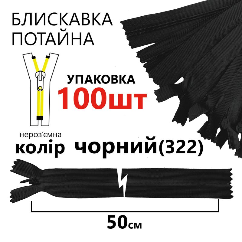 Молния потайная, неразъемная, витая, T3, 50 см, нейлон, черный (322), уп-100шт