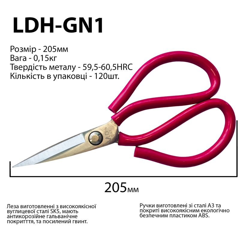 Ножницы для кожи, 205мм, руч. прогум. ABS (цвет фуксии), високовуглицева сталь SK5, 59, 5-60, 5HRC, L