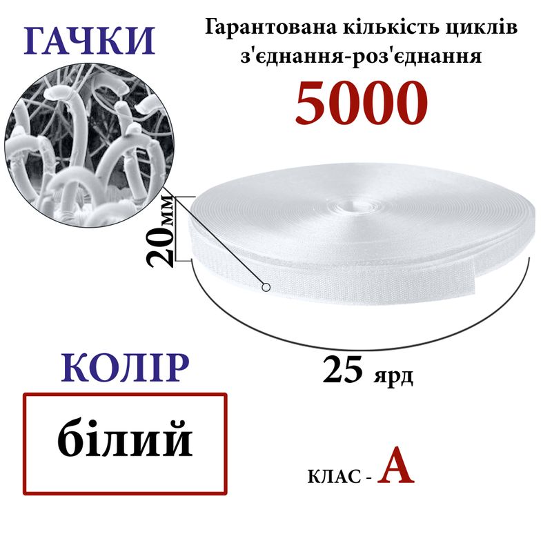 Липучка текстильная А 20мм х 25 ярдов. (000) крючки (1ящ. =48 боб. ), 100% нейлон, белый
