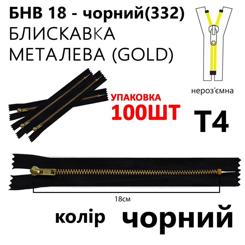 Молния, неразъемная, металлическая (золото), Т4, 18 см, нейлон, черный(322) уп-100шт