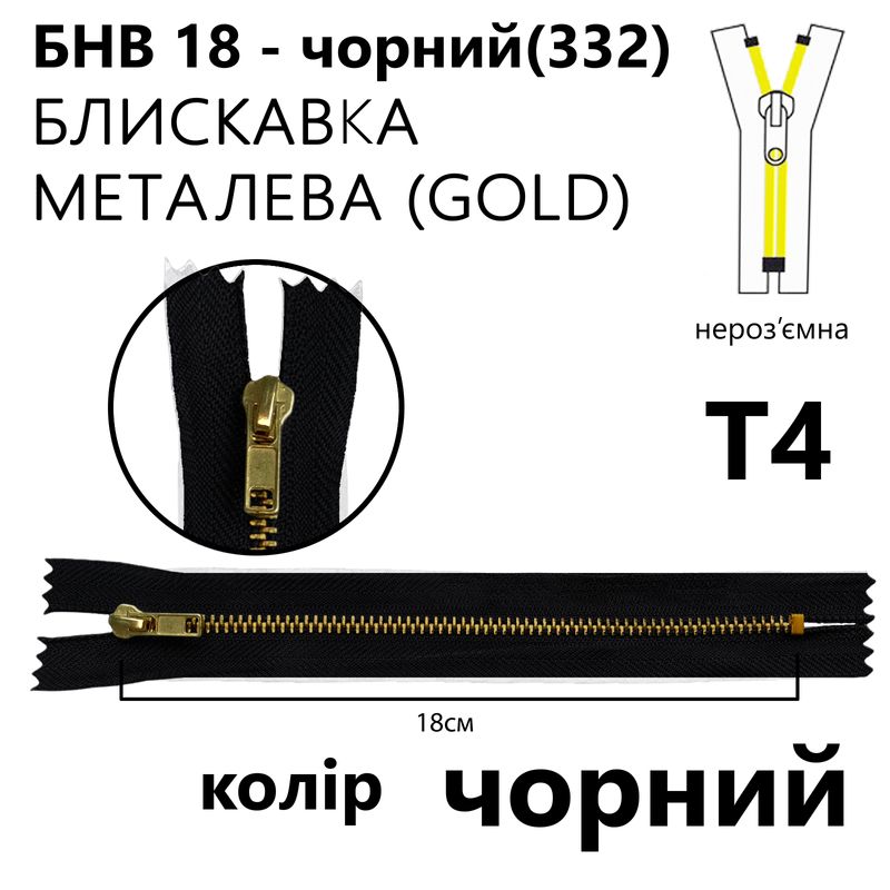 Молния, неразъемная, металлическая (золото), Т4, 18 см, нейлон, черный(322)