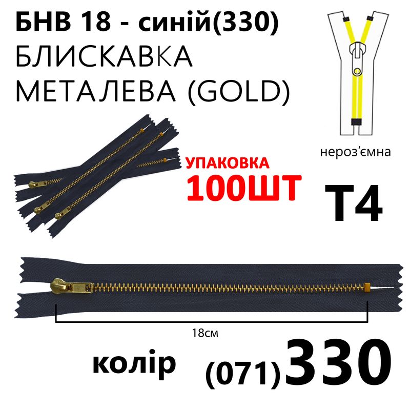 Молния, неразъемная, металлическая (золото), Т4, 18 см, нейлон, синий(330) уп-100шт
