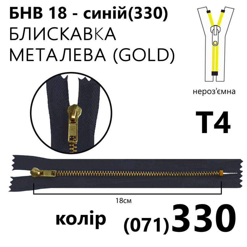 Молния, неразъемная, металлическая (золото), Т4, 18 см, нейлон, синий(330)