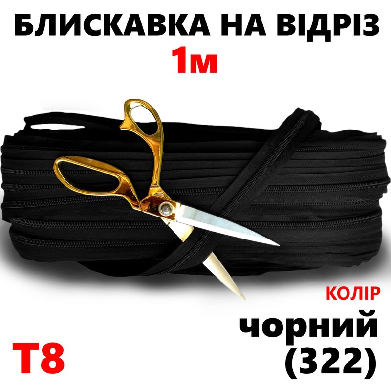 Молния витая, спиральная, рулонная Т8, 1м, нейлон, черный(322)-на отрез.