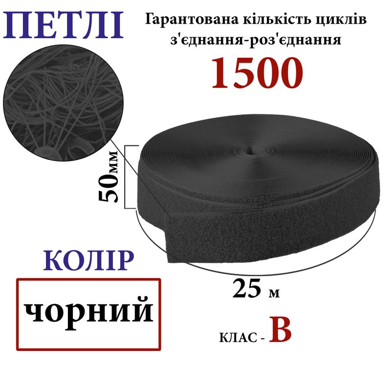 Липучка текстильная 50мм х 25м. (001) петли (1ящ. =20 боб. )полиэстер/нейлон, черная