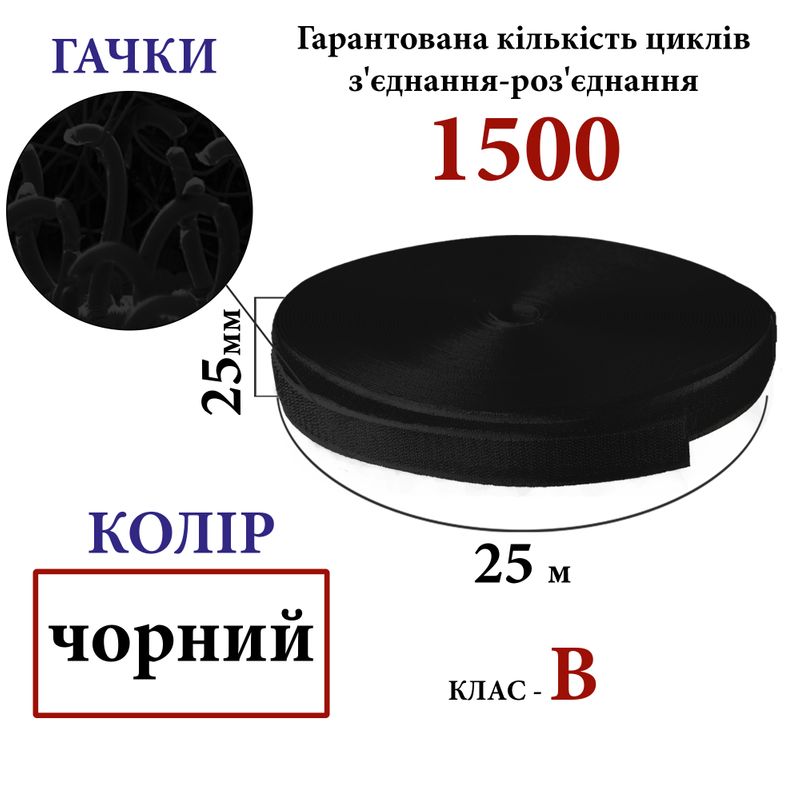 Липучка текстильная 25мм х 25м (001) крючки (1ящ. =40 боб. )полиэстер/нейлон, черная