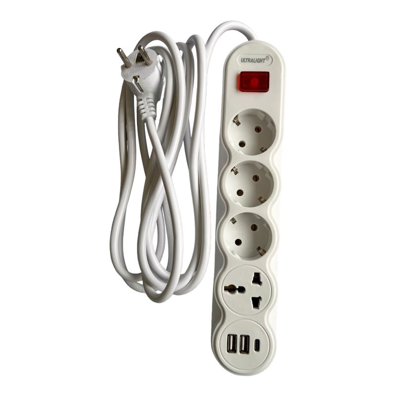 Удлинитель RF-3 метра, 3 розетки + 1 универсальная + 2 USB/1 Туре-С, с выключ., провод 3x1 мм2, с зазем.