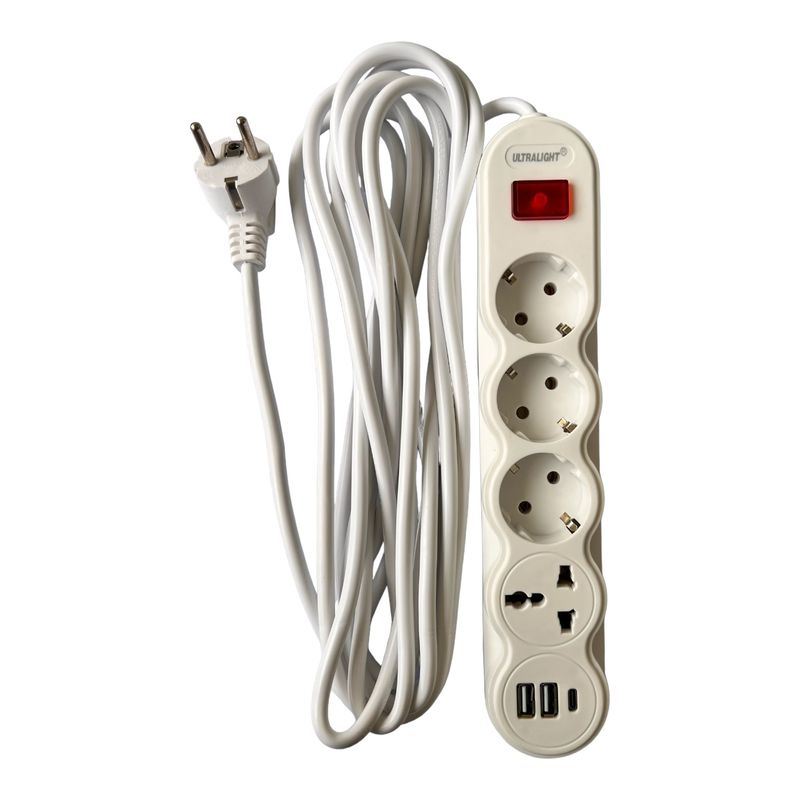 Удлинитель RF-5 метра, 3 розетки + 1 универсальная + 2 USB/1 Туре-С, с выключ., провод 3x1 мм2, с зазем.