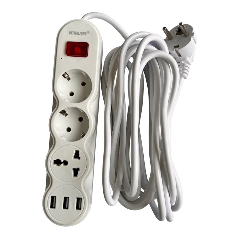 Удлинитель RF-5 метров, 2 розетки + 1 универсальная + С USB, с выключателем, провод 3x1 мм2, с заземлением.
