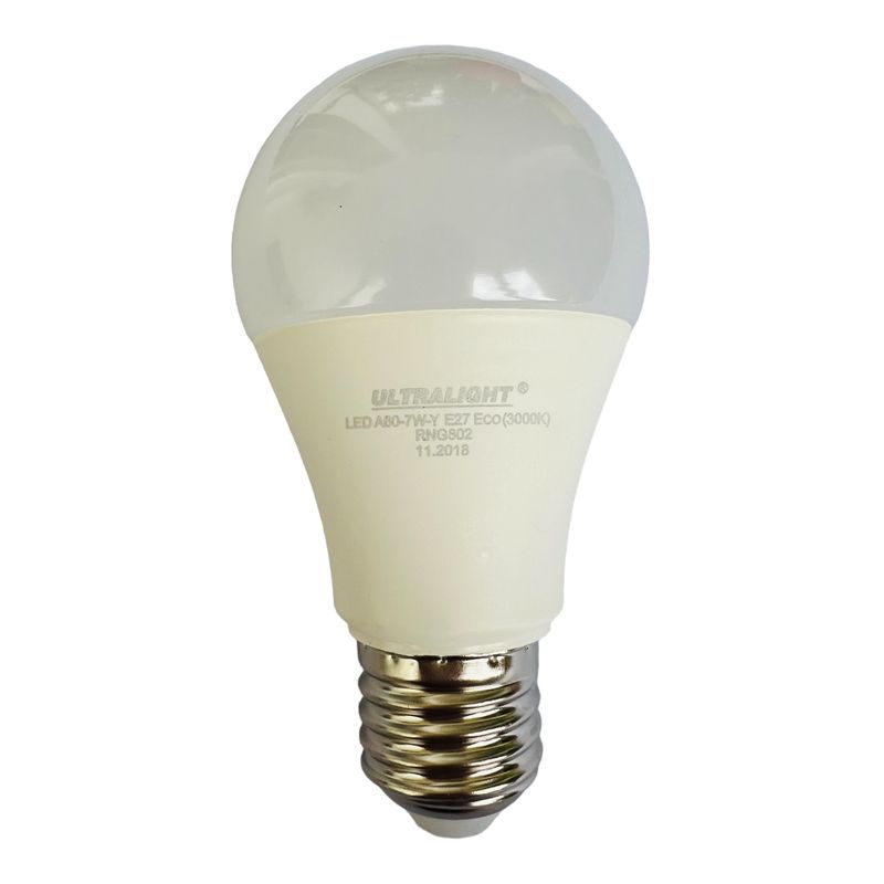 Лампа светодиодная LED A60 E27, 7W, Eco, теплый свет 3000K, с винтовым ES 27мм цоколем, грушевидная