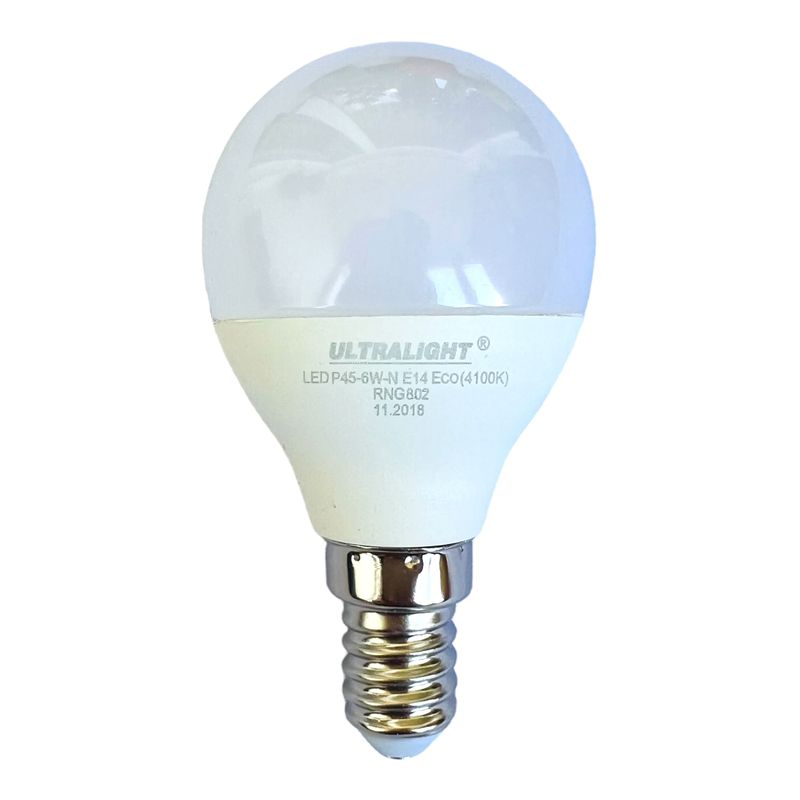 Лампа светодиодная LED P45 E14, 6W, Eco, нейтральный свет 4100K, с винтовым SES 14мм цоколем, шар