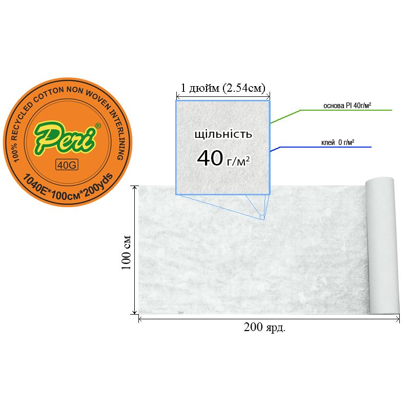 Флизелин для вышивки нк. 40г(40+0), 100см х200я. , белый, Н-жесткость. , целюлоза/відривний, вес брутто: 7, 8кг
