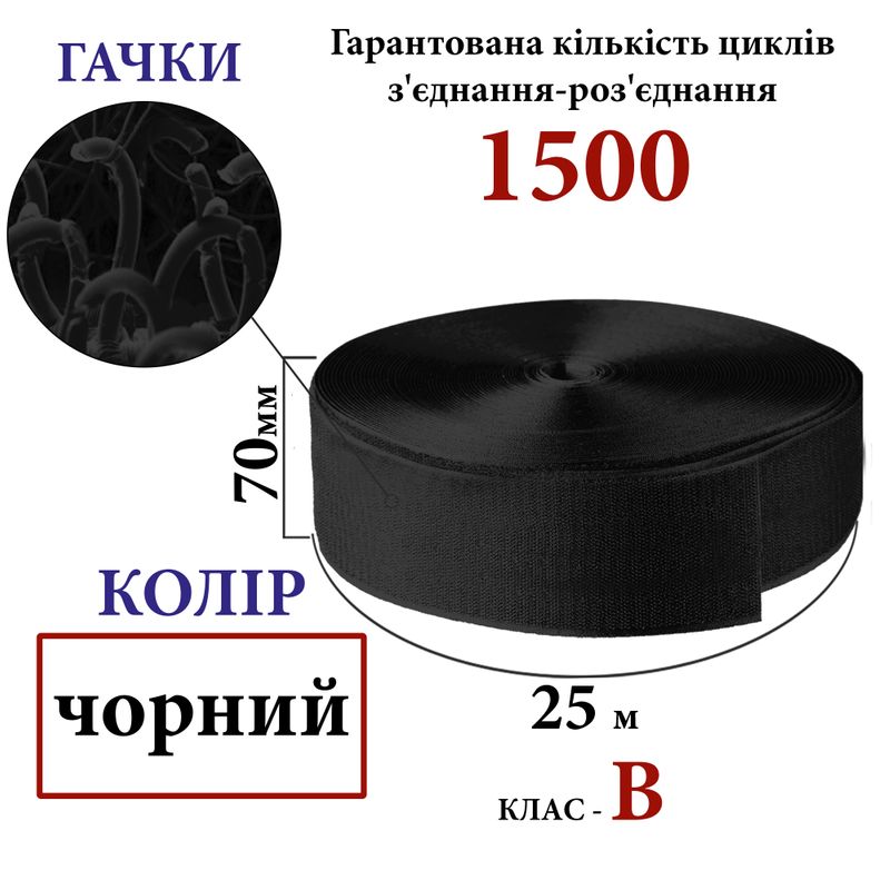 Липучка текстильная 70мм х 25м. (001) крючки (1ящ. =14 боб. ), полиэстер/нейлон, черный