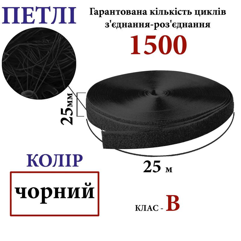 Липучка текстильная 25мм х 25м (001) петли (1ящ. =40 боб. )полиэстер/нейлон, черная