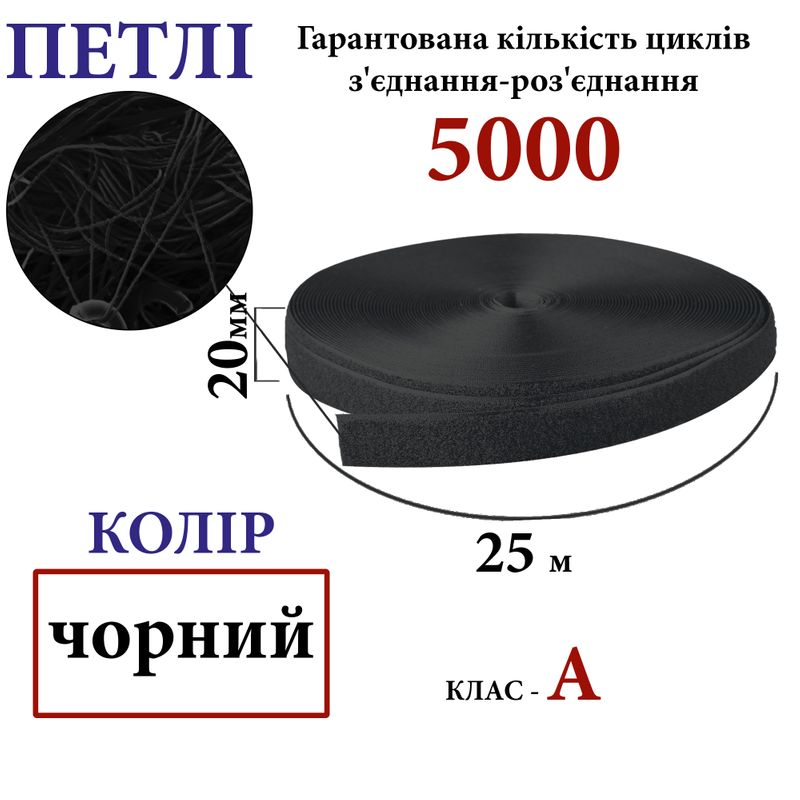 Липучка текстильная А 20мм х 25м. (001) петли (1ящ. =48 боб. ), 100% нейлон, черный