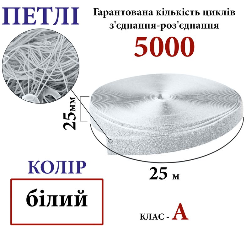 Липучка текстильная А 25мм х 25м. (000) петлі (1ящ. =40 боб. ), 100% нейлон, белая