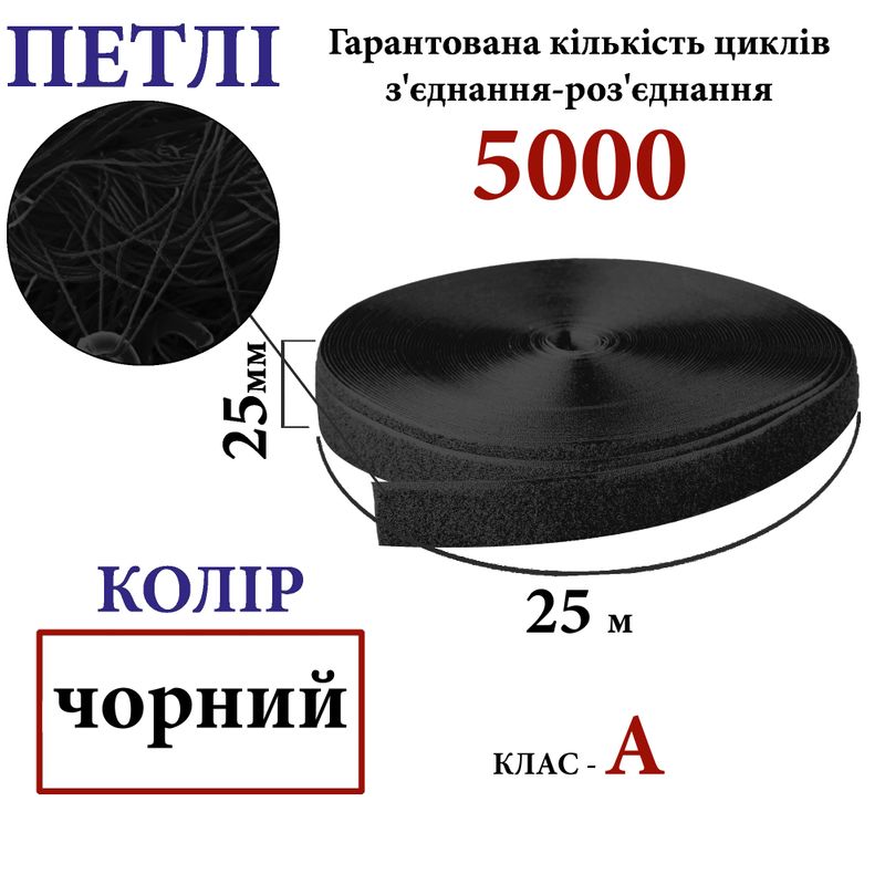 Липучка текстильная А 25мм х 25м. (001) петли (1ящ. =40 боб. ), 100% нейлон, черный